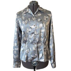 Evan Picone Floral Satin Pleated and Tucked Button Down Blouse Size 12